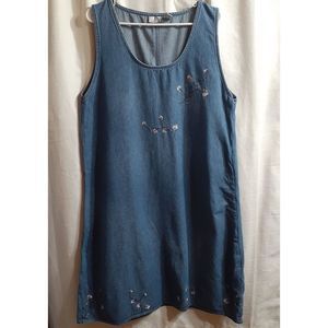 Embroidered Floral Denim Dress, Blue Jean, Size XL